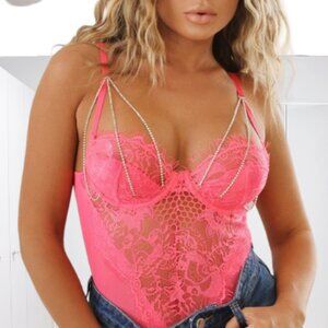 Edgy Pink Rhinestone Caged Front Lace Bodysuit - NWT